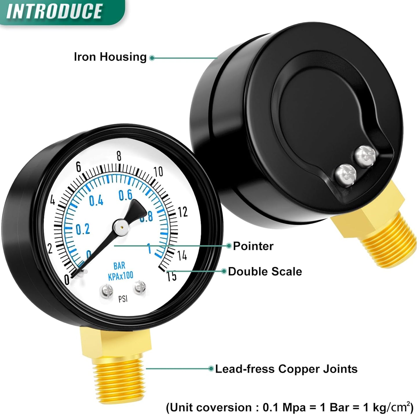 0-15PSI Well Pump Pressure Gauge 2" Dial Size, 1/4" NPT Lower Mount, 3-2-3% Accuracy, for Tube, Water Pump, Gas, Liquid, Pressure Test