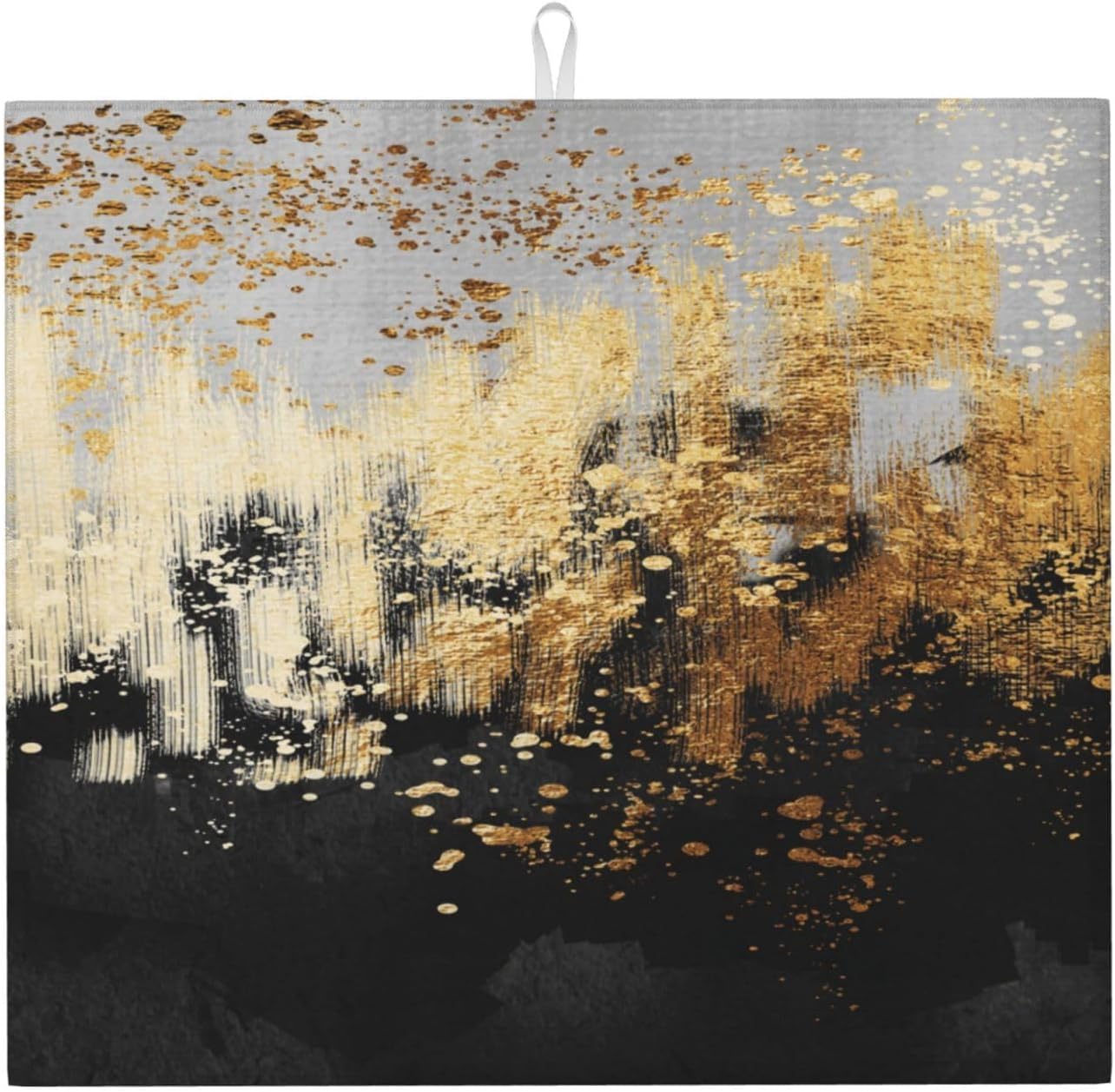 Black Gold Art Splash Dish Drying Mat for Kitchen Counter, Absorbent Microfiber Abstract Modern Drying Pad, 16 x 18 inch, Luxury Decorative Foldable Kitchen Mat for Sink & Coffee Bar, Black Home Decor
