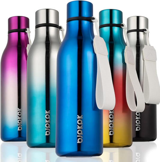 BJPKPK Insulated Water Bottles, 18 oz Stainless Steel Metal Water Bottle with Strap, BPA Free Leak Proof Thermos, Mugs, Flasks, Reusable Water Bottle for Sports & Travel, Shining Blue
