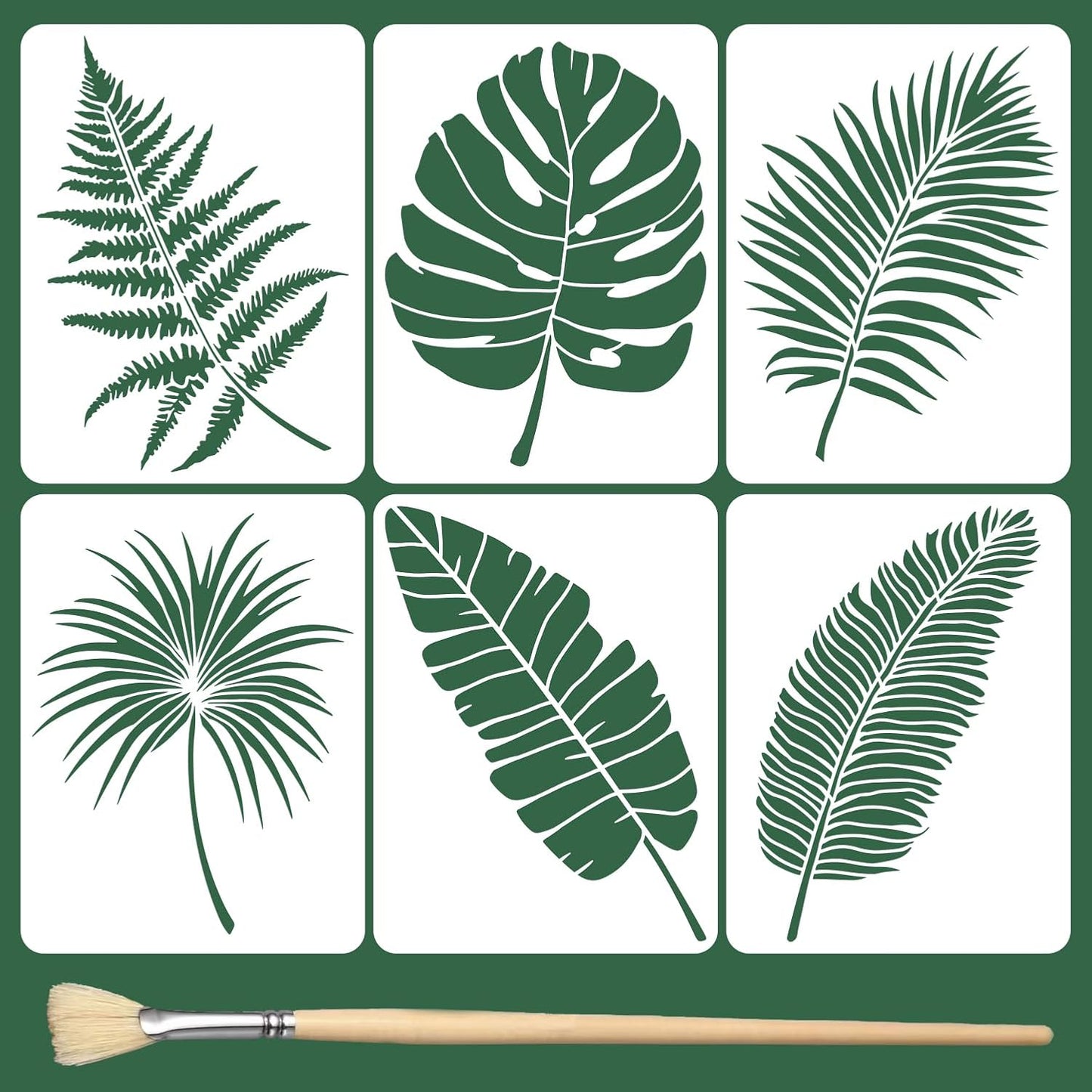 6PCS Large Leaf Stencils for Painting on Walls 16 x 12 Inch Plant Stencil with Brushes Palm Leaf Wall Stencil Tropical Leaves Stencils Plastic Art Drawing Templates for Home Wall Decor