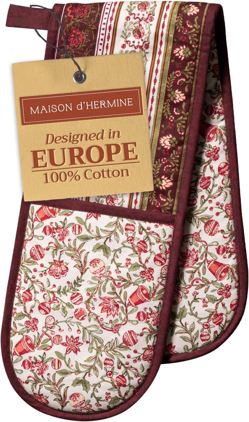 Maison d' Hermine Double Oven Mitts 100% Cotton 7"x35" Double Oven Mitt Heat Resistant BBQ Cooking Gloves with Loop, Baking, Grilling, Home, Kitchen, Handling Hot Pans (Reveillon Au Jardin)