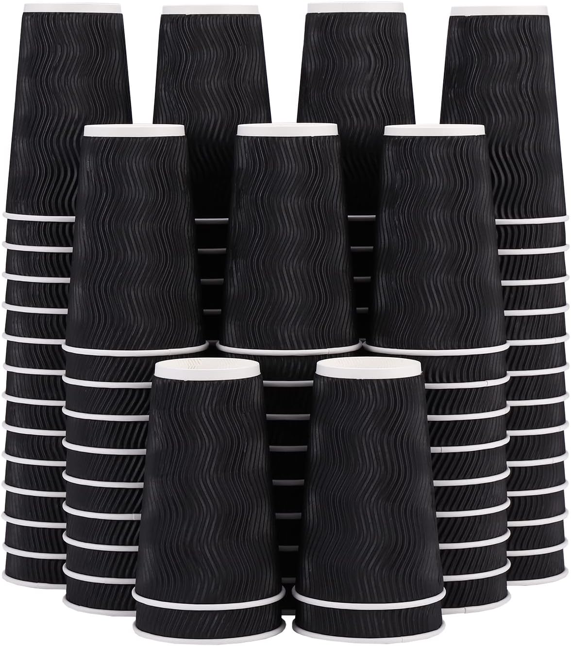 Lamosi 16 oz Coffee Cups - 90 Pack, Disposable Insulated Corrugated Paper Cups 16oz, Kraft Ripple Wall Cups for Hot Beverage or Cold Drinks (Black)