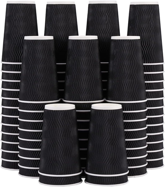Lamosi 16 oz Coffee Cups - 90 Pack, Disposable Insulated Corrugated Paper Cups 16oz, Kraft Ripple Wall Cups for Hot Beverage or Cold Drinks (Black)