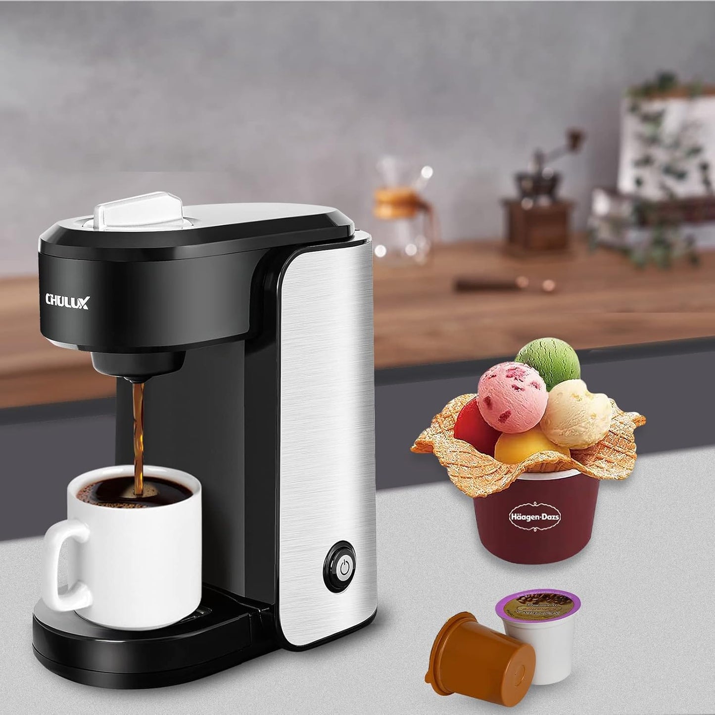 CHULUX Single Serve Coffee Maker, 1000 Watts Single Cup Stainless Steel Coffee Machine for Capsule and Ground Coffee with Graduated Water Tank, One Button Operation