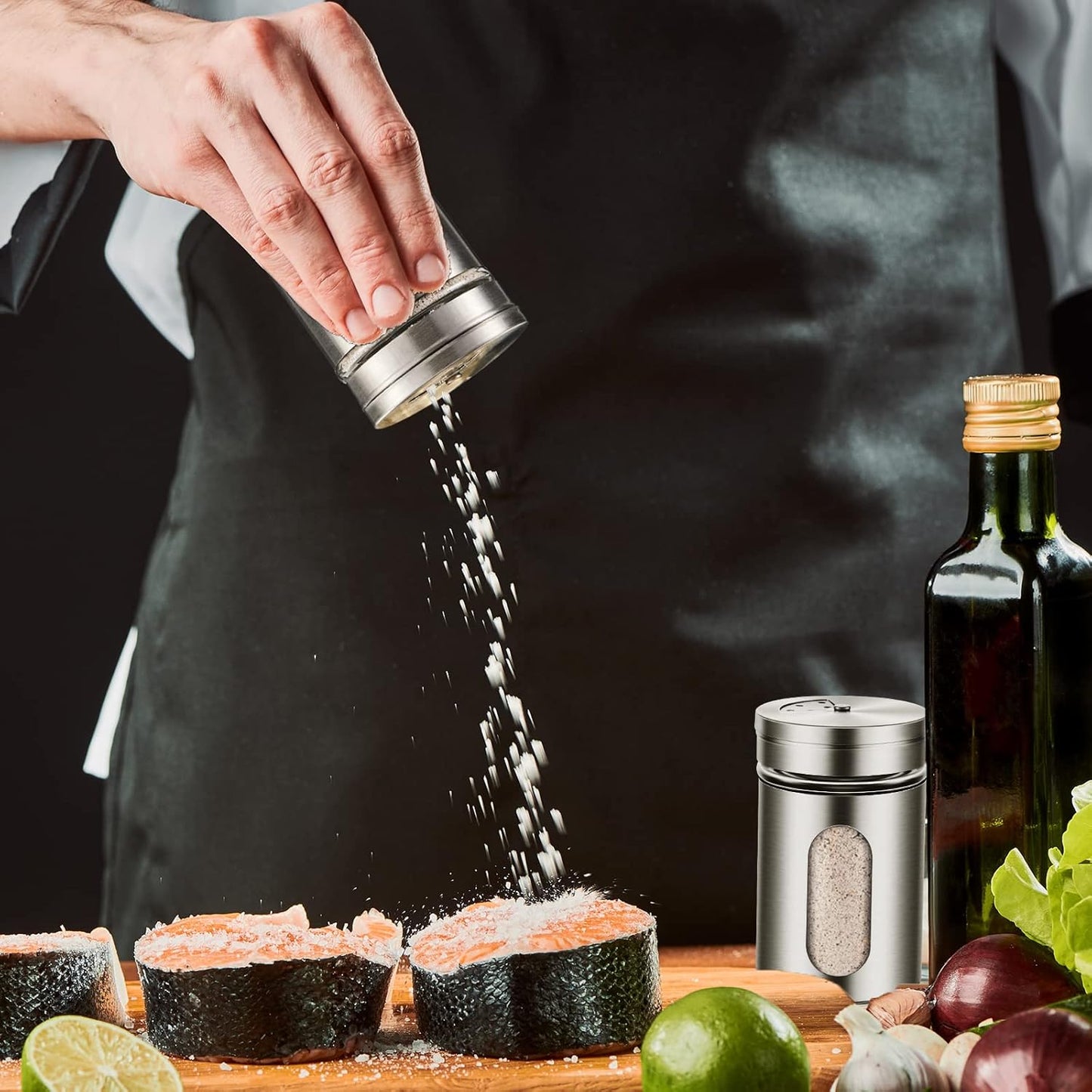 Dandat 36 Pcs Salt and Pepper Shakers Stainless Steel Spice Shakers with Adjustable Pour Holes and Glass Window 3.4oz Salt Dispenser Spice Jars with Rotating Lids for Sugar Seasoning Home