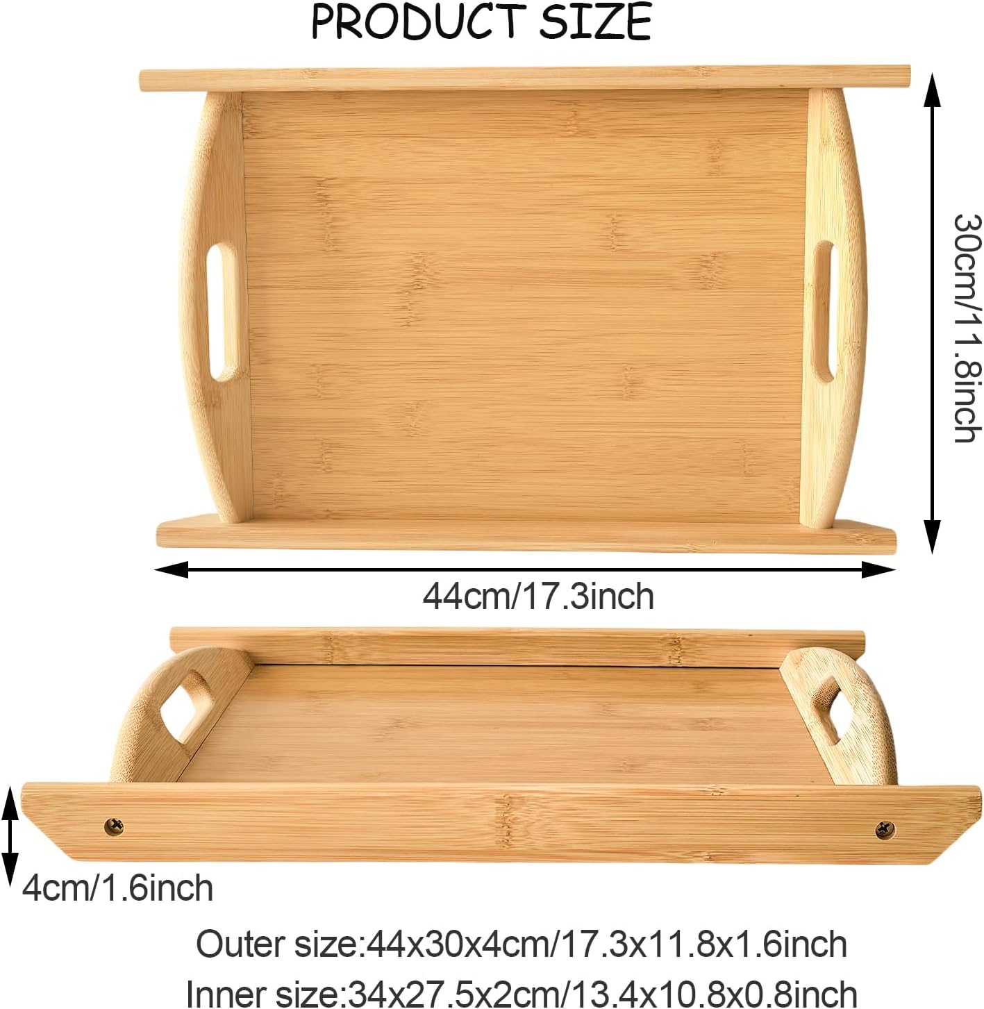 Bamboo Serving Tray Rectangle Platter Breakfast Dinner Food Bed Tray for Eating Kitchen Restaurants (1, 17.3" x 11.8" x 1.2" (with Handle))