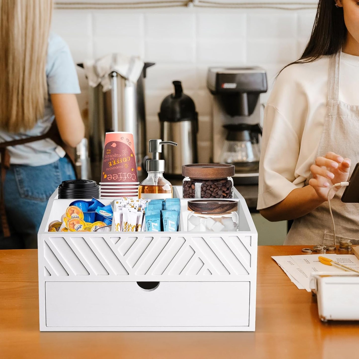 Farmhouse Wooden Coffee Bar Organizer - Countertop Station With Drawer, Pods Holder & Storage Basket