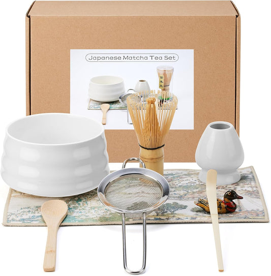 Japanese matcha set, matcha whisk and bowl, matcha sieve, matcha whisk holder, and matcha spoon - 8pcs Matcha Set (white)