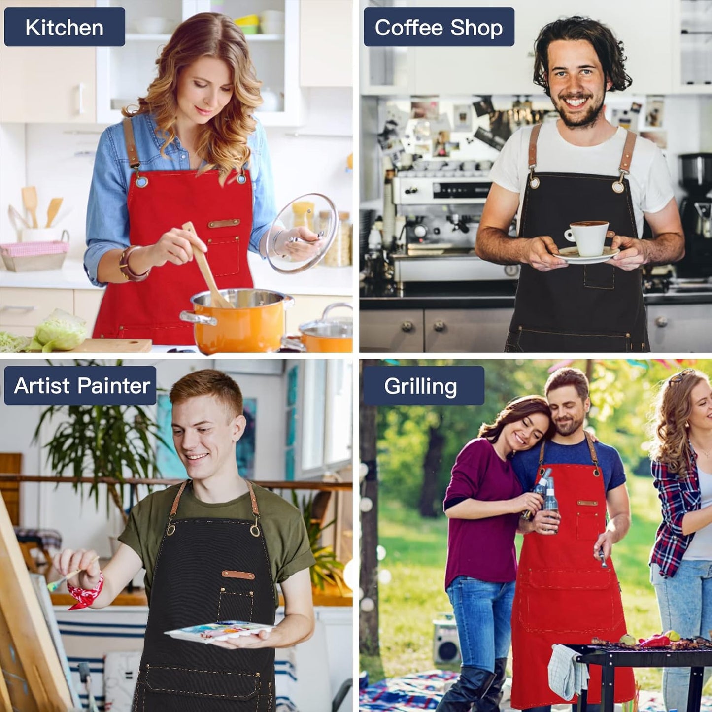 Genixart Chef Apron for Men Women with Pockets, Canvas Aprons for Kitchen Cooking, Artist Painting, Work Apron for Server (Black, 6 Pack)