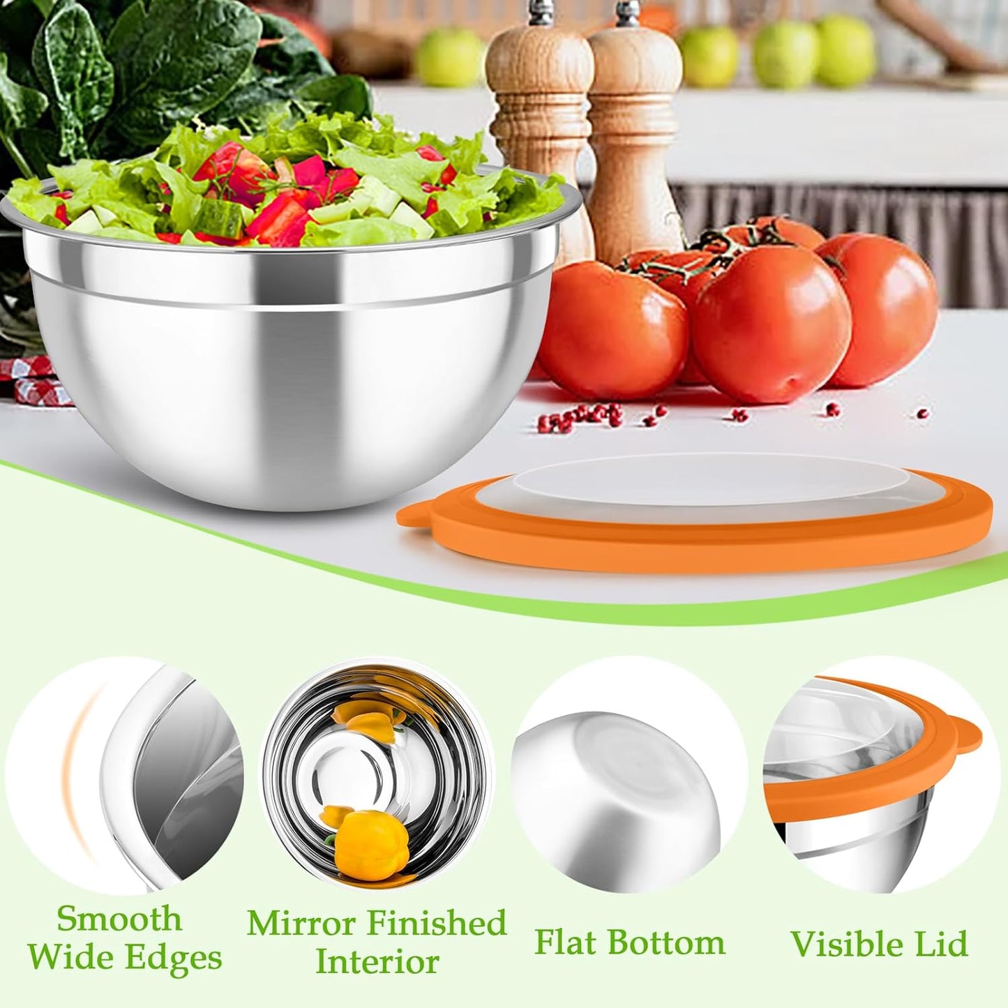 TeamFar Mixing Bowls, 4.5/3/1.5 QT Stainless Steel Nesting Salad Bowls with Airtight Lids, For Serving/Mixing/Storing/Prepping, Non-Toxic & Sturdy, Visible & Easy Clean, Multi-Color, Set of 3