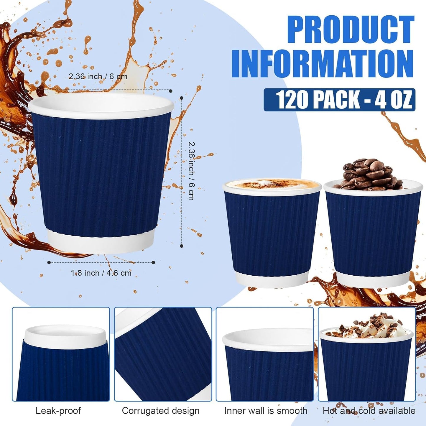 500 Pack Paper Espresso Coffee Cups, 4 oz Disposable Coffee Cups,Corrugated Insulated Ripple Wall, Paper Ripple Cup for Coffee, Hot Chocolate and Hot Tea Drinks -Navy