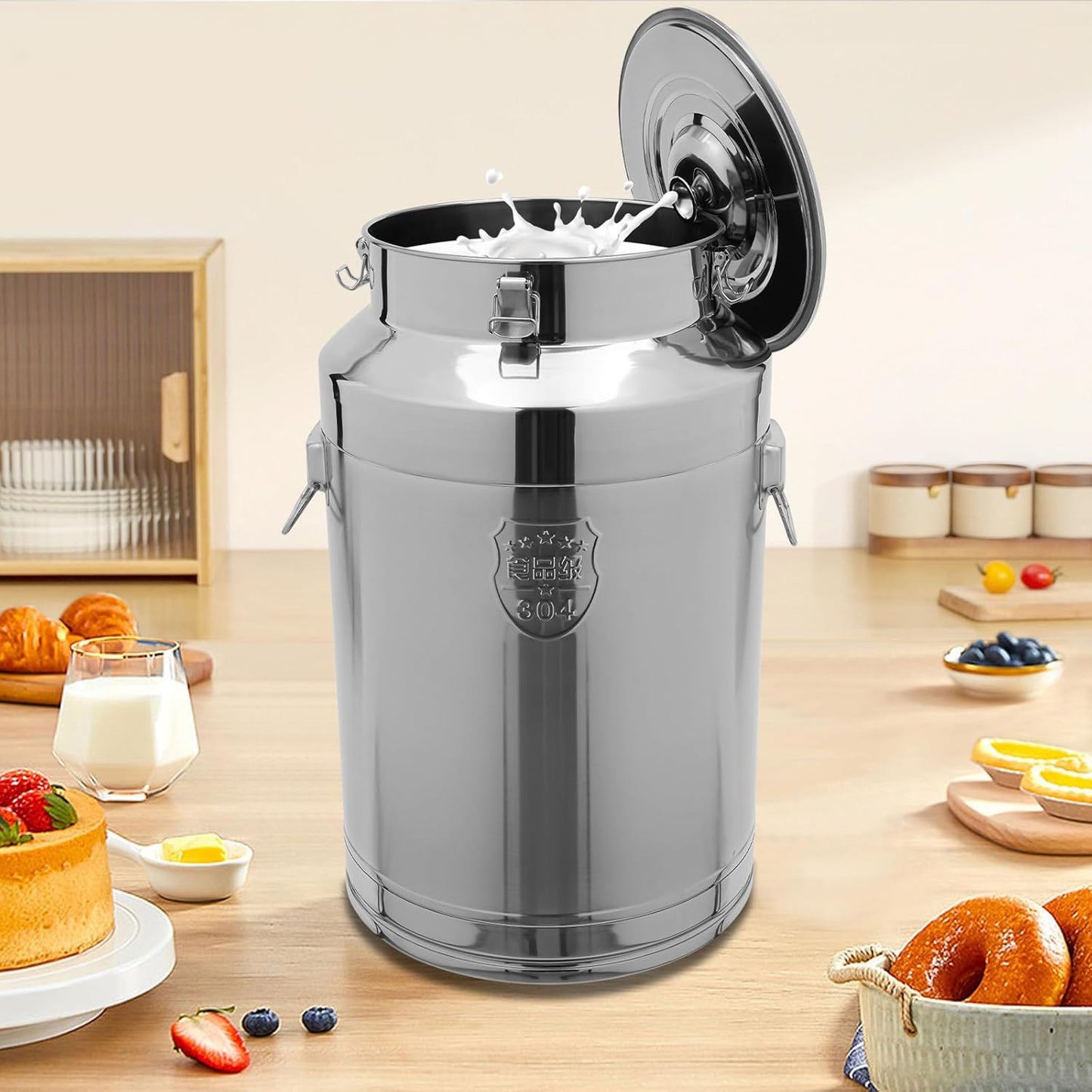 11.81in Thickened Stainless Steel Milk Can Large Liquid Container Storage,Stainless Steel Milk Bucket With Sealing Lid and Carry Handle,for Wine, Oil Storage Transport (76L/20Gal)