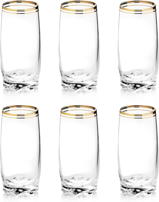 13.25 Oz Gold Glass Cup (Set of 6) - Elegant Drinking Glasses with Gold Accented Rim, Durable Glassware for Entertaining, Dining, Everyday Use - Ideal for Cocktails & Beverages