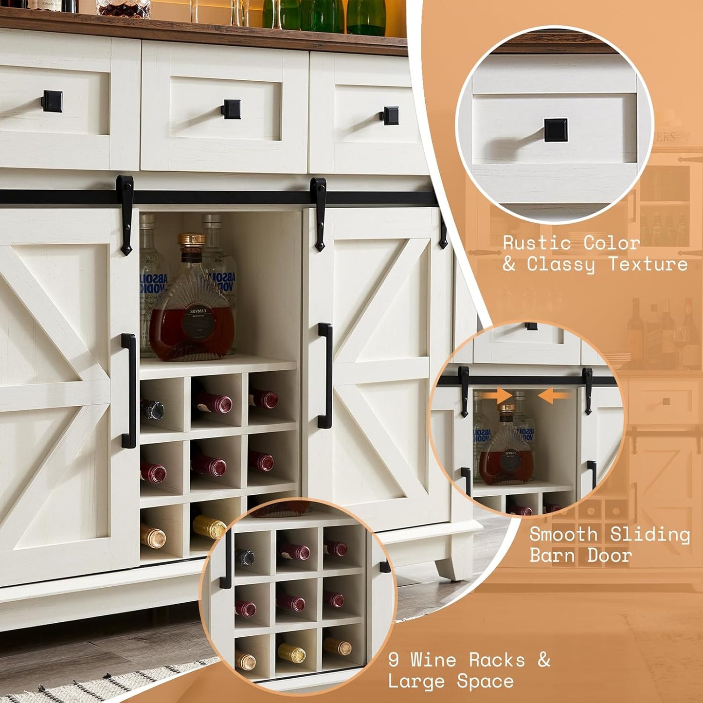 AMERLIFE 72" Coffee Wine Bar Cabinet with Sliding Barn Door, Farmhouse Kitchen Sideboard, Buffet Storage Table, 3 Drawers, LED Lights, Tall Hutch Home Bar for Dining Room, White