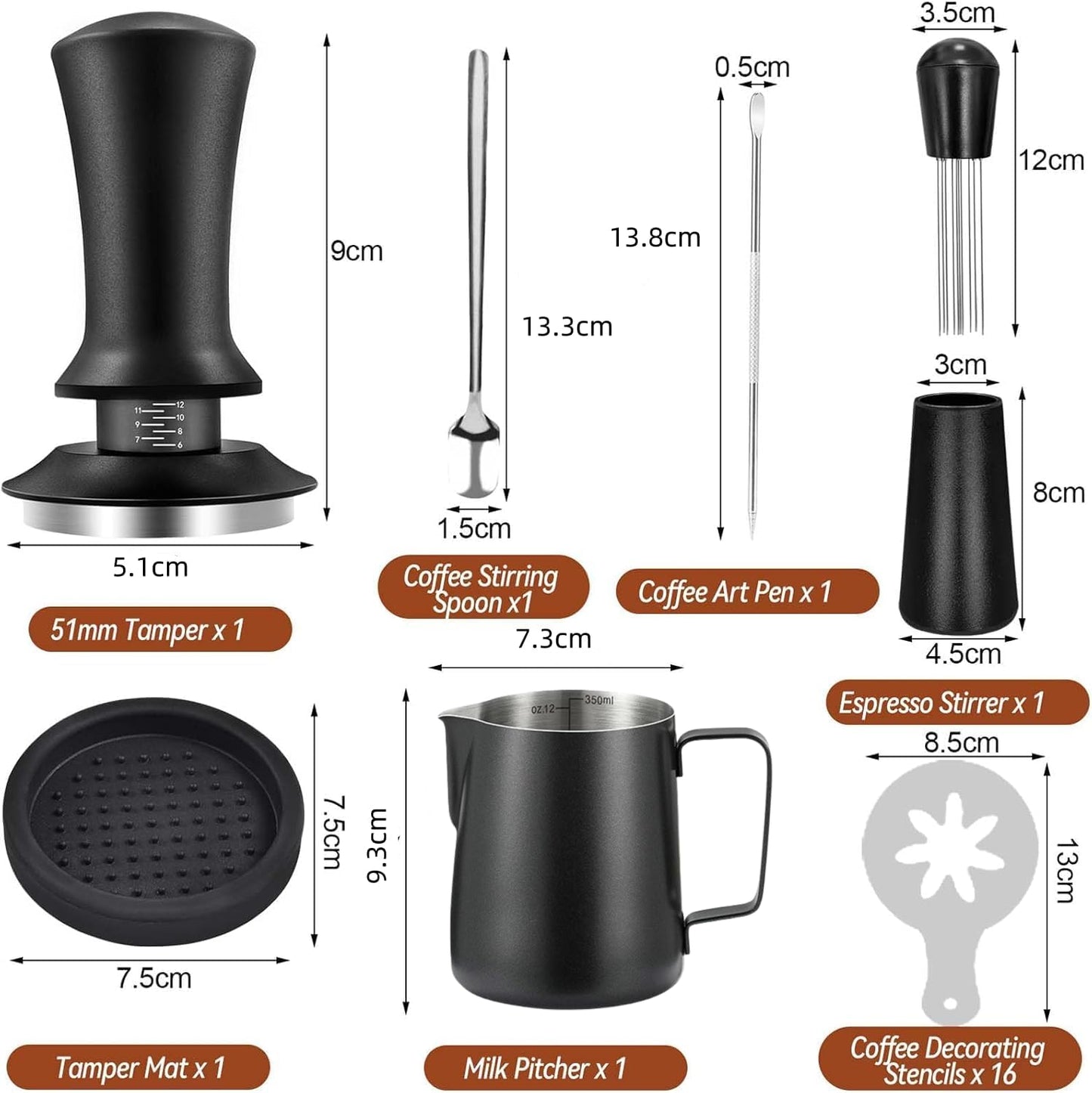 Gmnuiy22 PCS 51mm Coffee Tamper ，Espresso Accessories，Barista Kit with Espresso Tamper ，Frothing Pitcher，WDT Tool，Coffee Stirrer，Tamper Mat ，Coffee Stencils ， Latte Art Pen