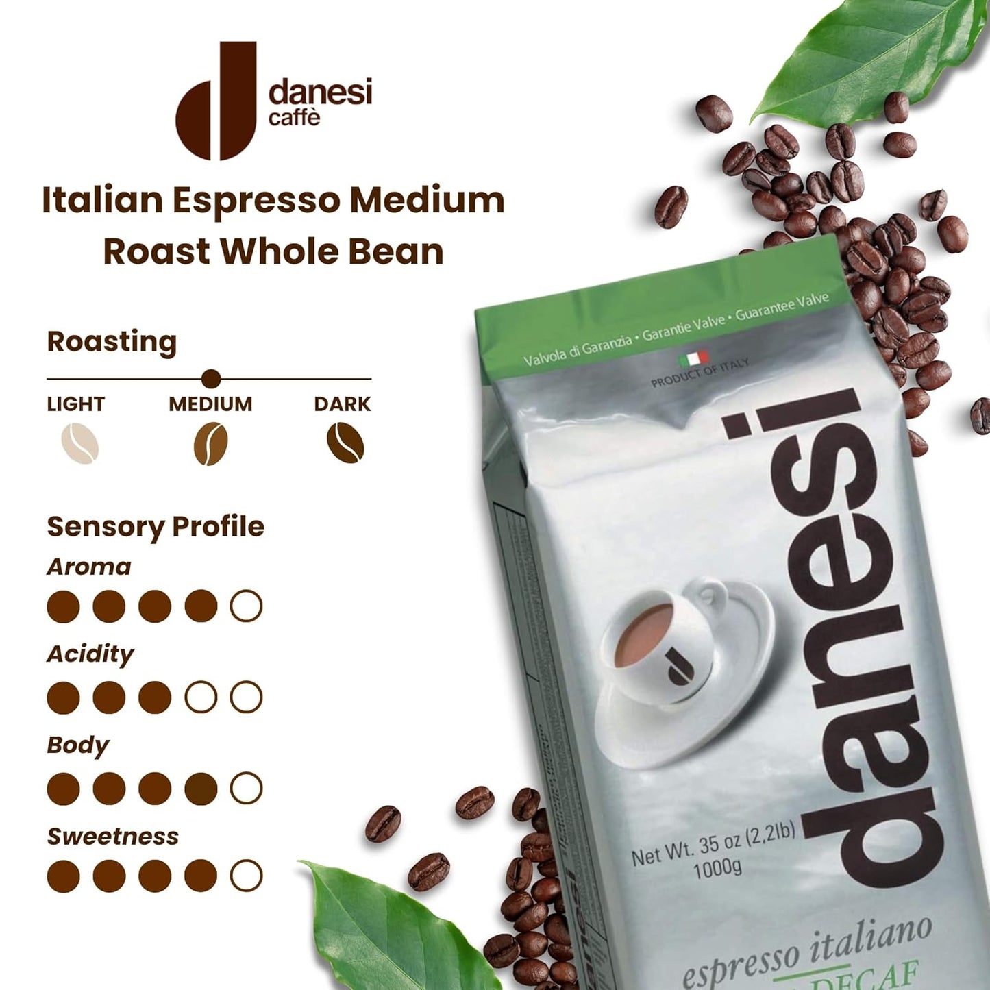 Danesi Caffe Italian Whole Coffee Beans - Espresso Coffee Beans and Medium Roast Whole Bean - Perfect for Espresso Machines, French Press, and Home Brewing - Decaf (4.5 lb)