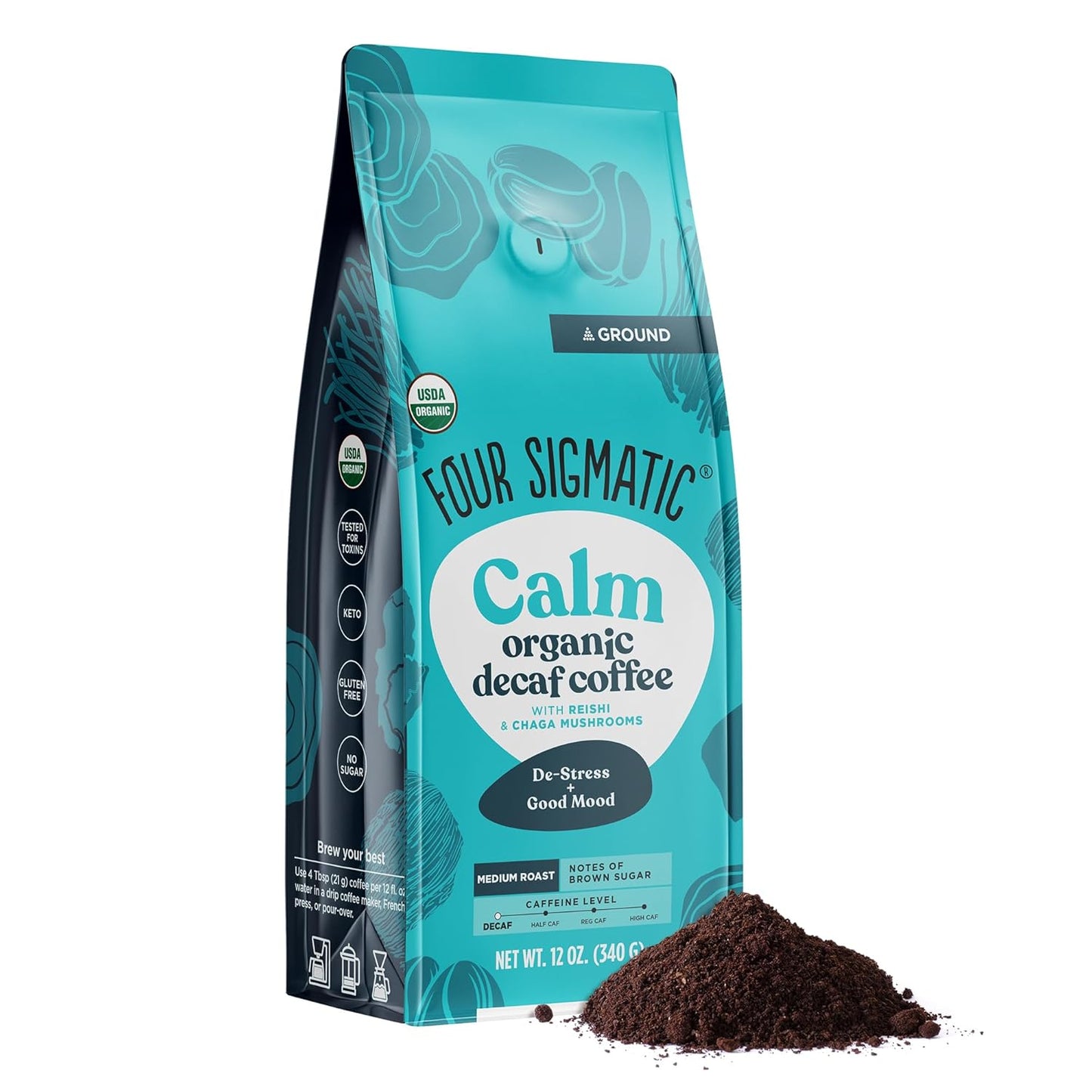 Four Sigmatic Calm Organic Decaf Ground Coffee | Swiss Water Decaf Coffee with Chaga & Reishi Mushroom Extracts | 12oz Bag