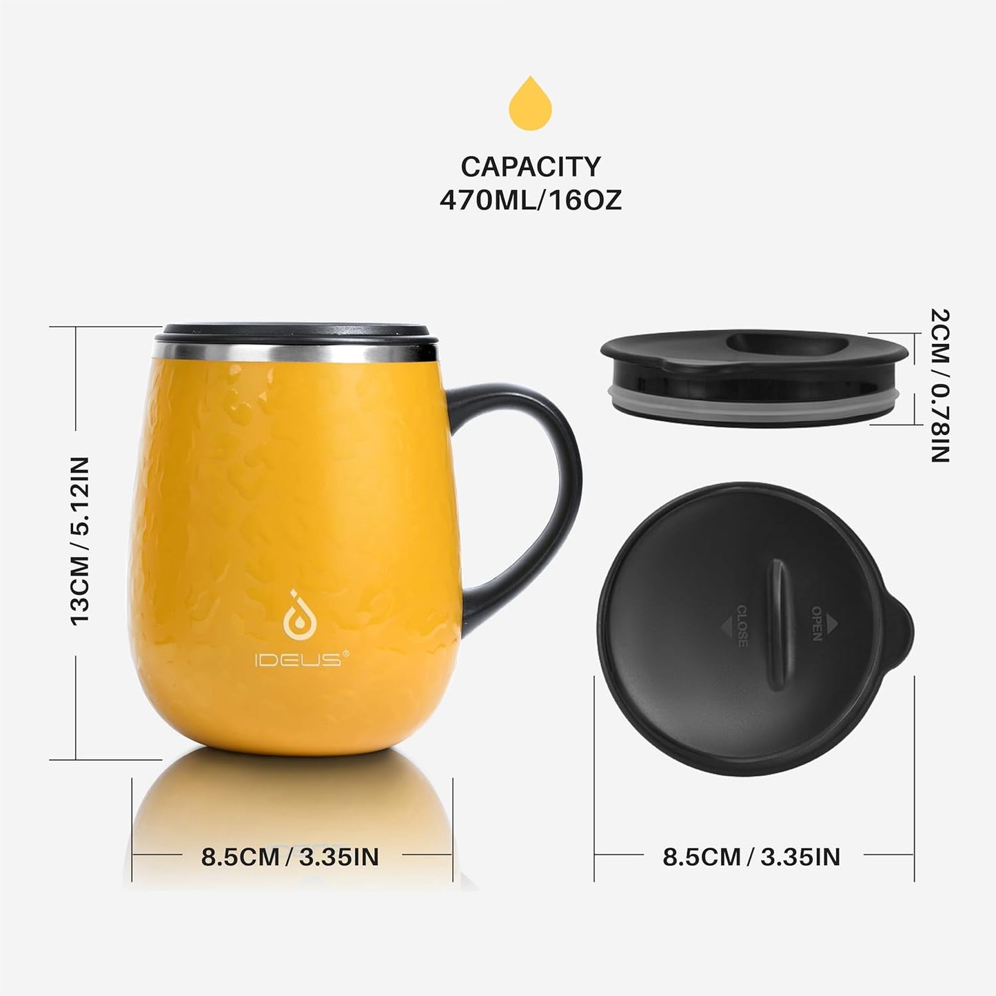 Ideus 16 oz Insulated Coffee Mug with Handle and Lid, Double Wall Stainless Steel Vacuum Thermal Coffee Mug, Travel Coffee Cup Thermal Cup for Home and Office, Leopard Yellow