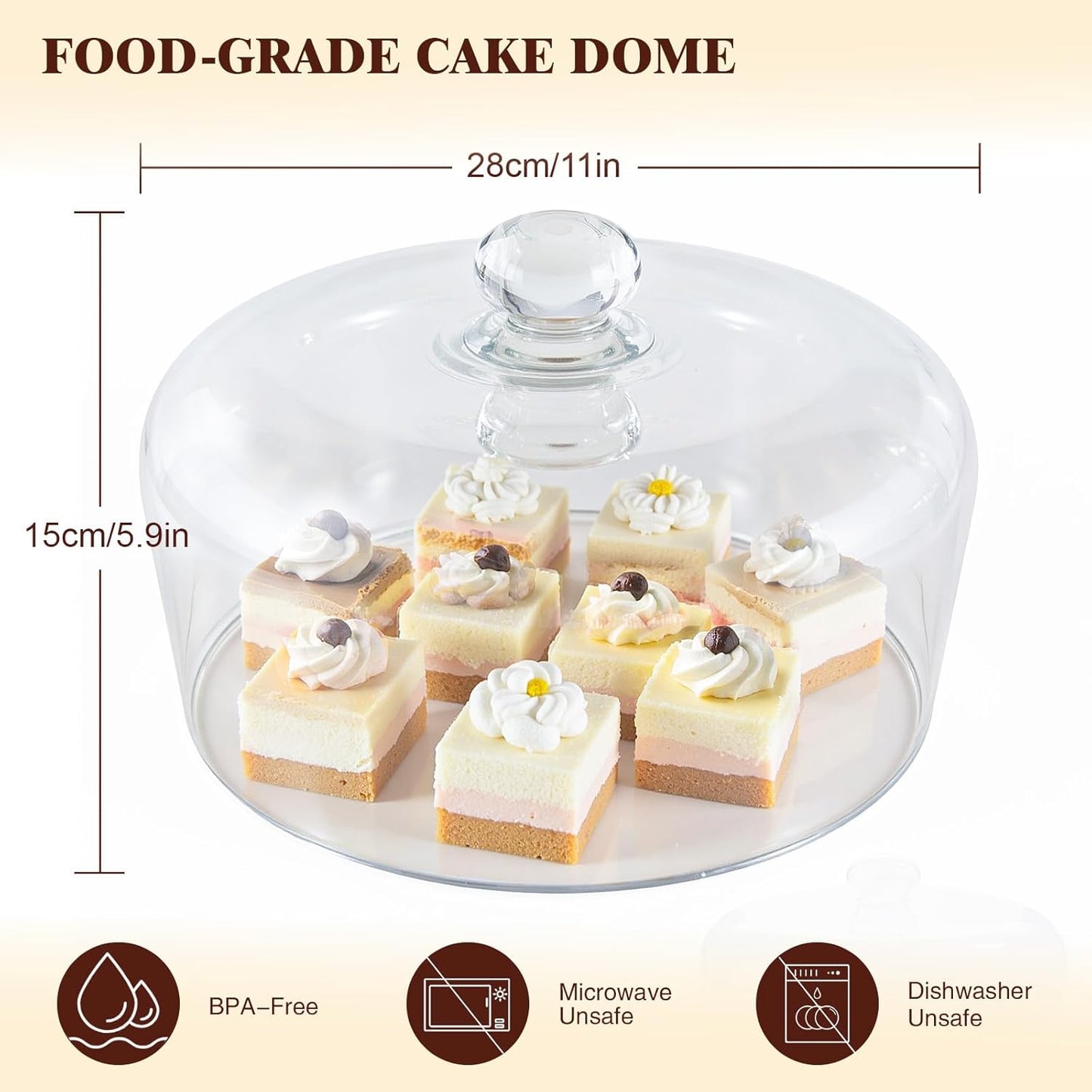 11 Inch Glass Cake Dome Cover for Cake Stand - Clear Cake Cover with Glass Dome Lid for Display & Protection, Suitable for Kitchen, Birthday, and Wedding Food Displays