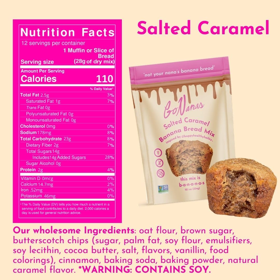 GoNanas Salted Caramel Oat Flour Banana Bread Mix, Suitable for Plant Based Vegan Diets, Gluten Free Dairy Free Snacks, Healthy Snacks For Adults, Muffin Mix, Nut Free, Cupcakes Dessert, NON-GMO, 1pk