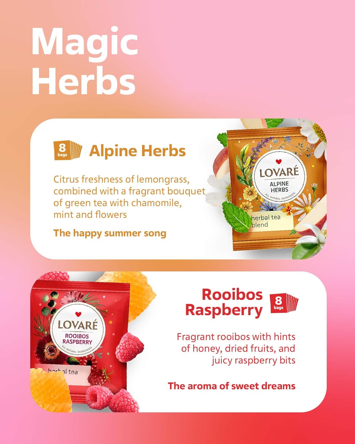 LOVARE Flower Assorted Tea Variety Pack 32 Pack, 4 Tastes - Made in Ukraine - Tea Bags Individually Wrapped - Royal Dessert, Alpine Herbs, Berry Jam, Rooibos Raspberry Assorted Tea Bags