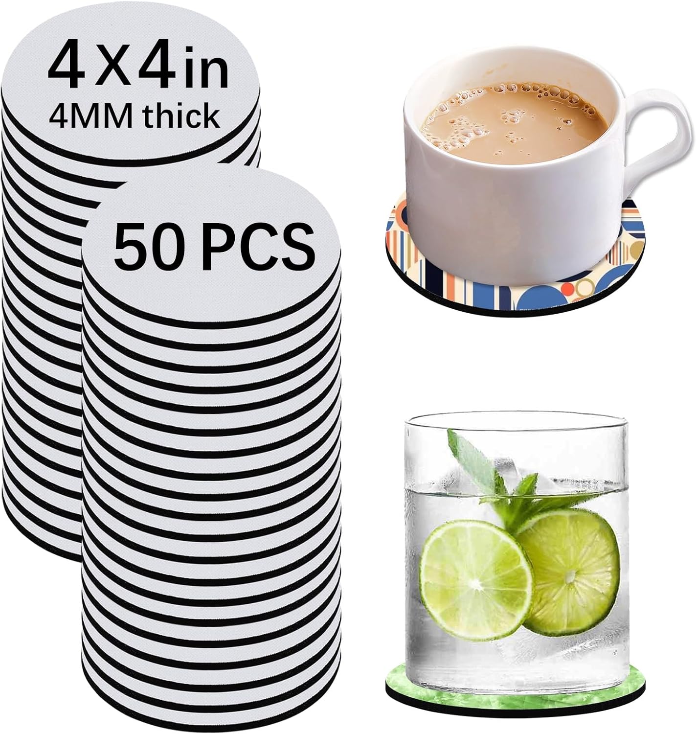50 PCS Sublimation Blank Cup Coasters Bulk, 4x4 Inch Round Blank Cup Mat Rubber for Sublimation Transfer Heat Press Printing DIY Crafts