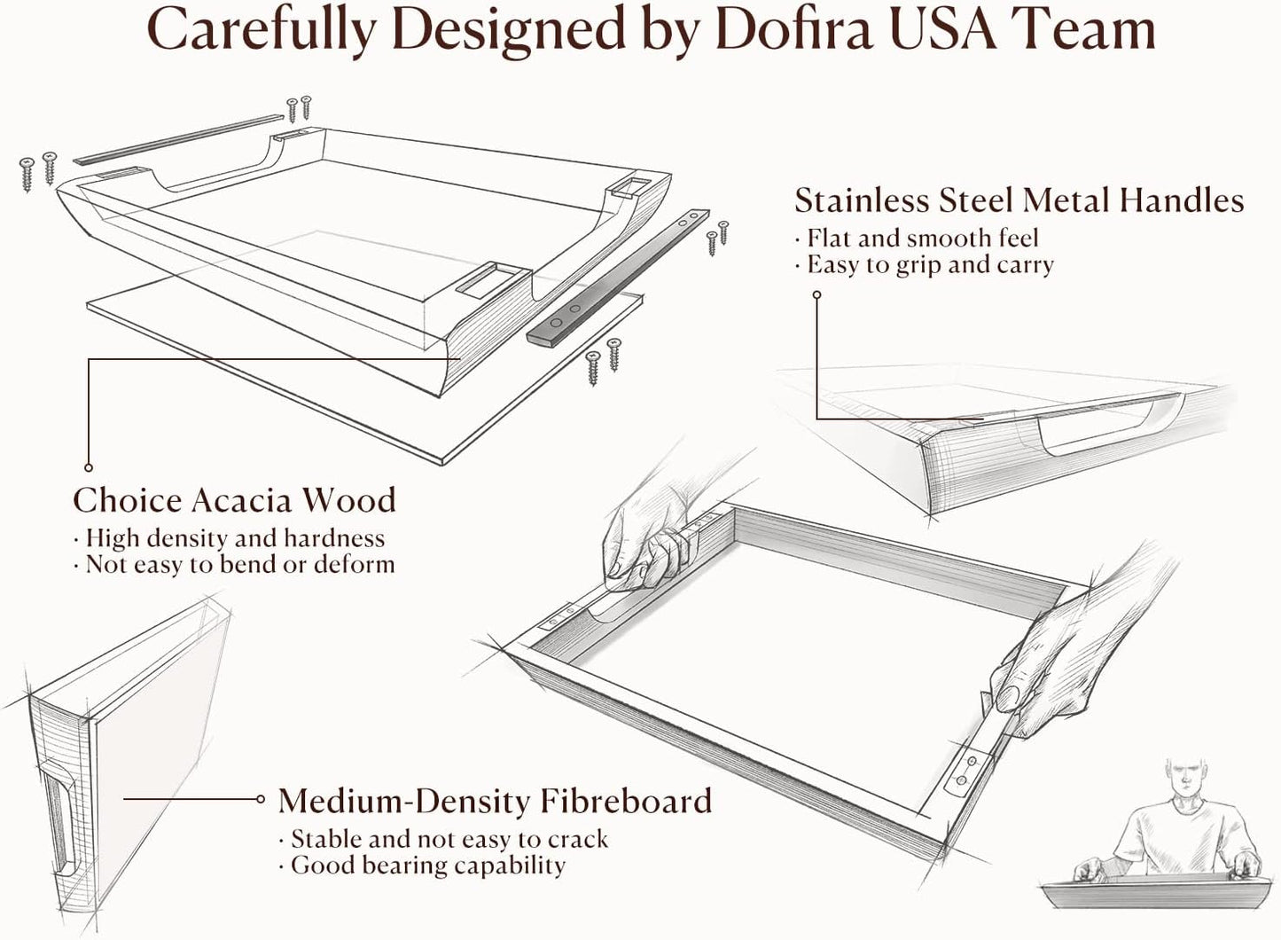 Acacia Wood Serving Tray with Metal Handles, 17x13in Food Drinks Tray for Coffee Table, Breakfast, Dinner & Bar, Rustic Decorative Storage Tray for Ottoman, Kitchen, Packaging