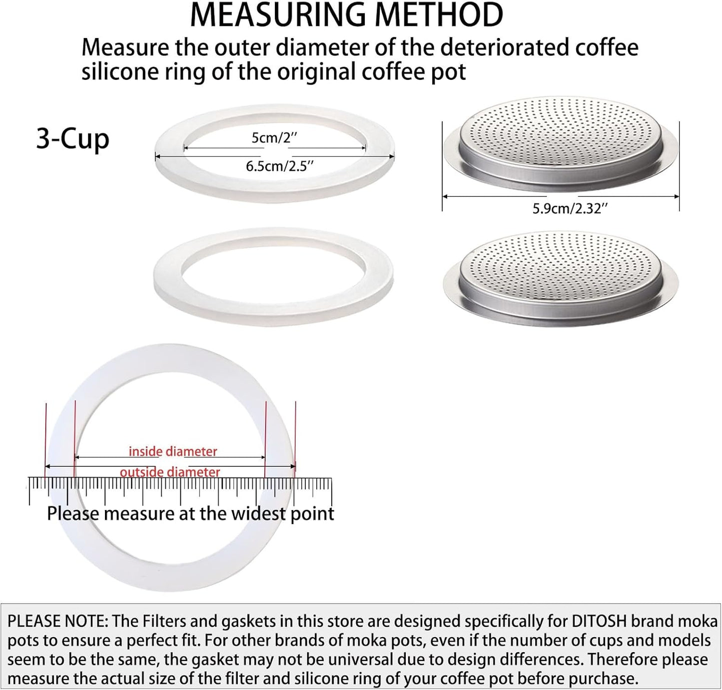 2 Pcs Filter with 3 Pcs Silicone Gasket Seals for 3 Cup Stovetop Espresso Coffee Maker Replacement Parts for DITOSH Aluminium Moka Pot