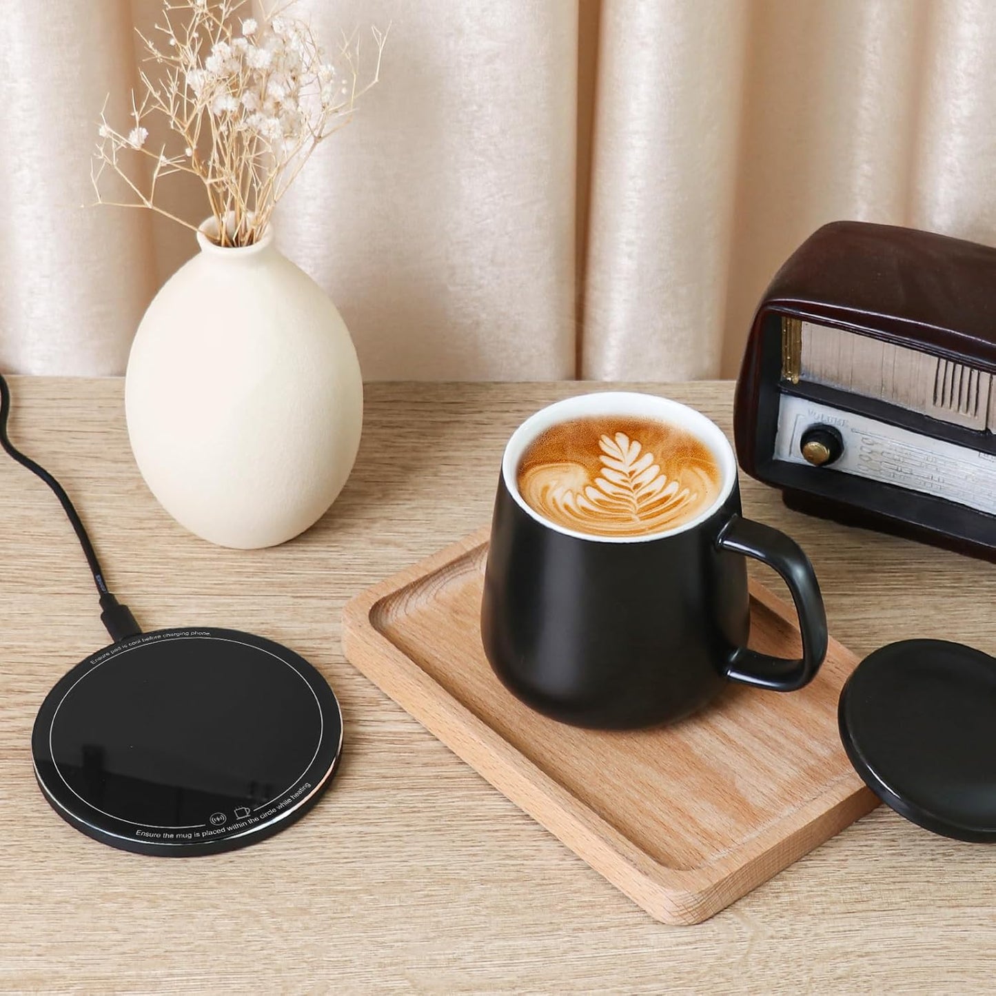 APEKX Self-Heating Ceramic Coffee Mug - Stable 130°F Temperature, 15W Wireless Phone Charging, 12.8 fl oz Capacity - USB-C Enabled. (Black)