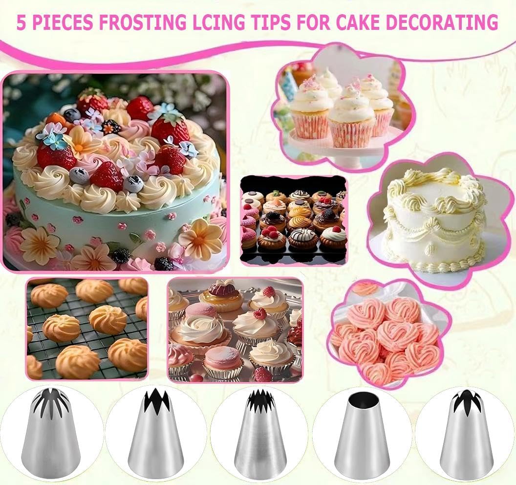 Extra Large Piping Tips, Seamless Stainless Steel Icing Piping Nozzle Tip Set, DIY Icing Nozzle Tool for Birthday Cake & Cupcakes, with a Cleaning Brush (1A 356 347 348 1E)