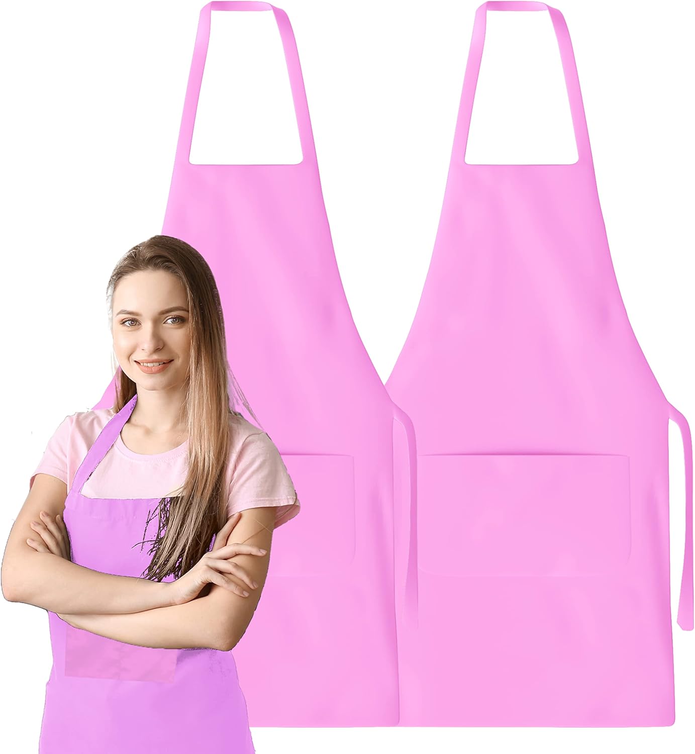 GREEN LIFESTYLE 2 Pack Chef Apron with Pockets – Grilling Aprons for Men, Waterproof Cooking Apron for BBQ, Work or Restaurant Use, Kitchen Aprons for Women with Pockets – Pink