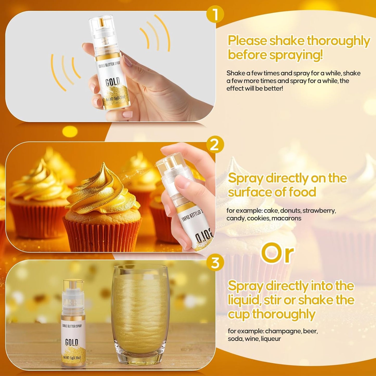 Edible Glitter Spray,2 Colors Gold & Iridescent Food Grade Edible Glitter Set for Drink Cake Beverages,Cupcakes,Cake Pops and Cookies Decorating