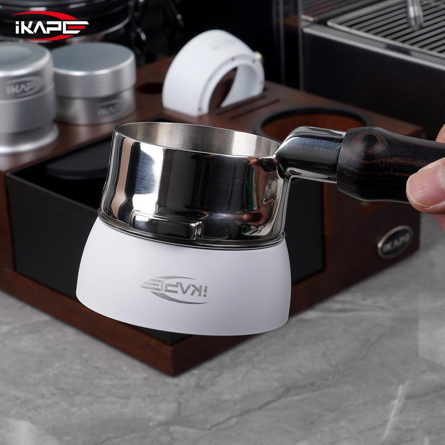 IKAPE Magnetic Dosing Funnel Set, 58MM Espresso Dosing Ring & Puck Screen Kit Compatible with 58MM Bottomless Portafilter - with 10 Small Magnet (White)