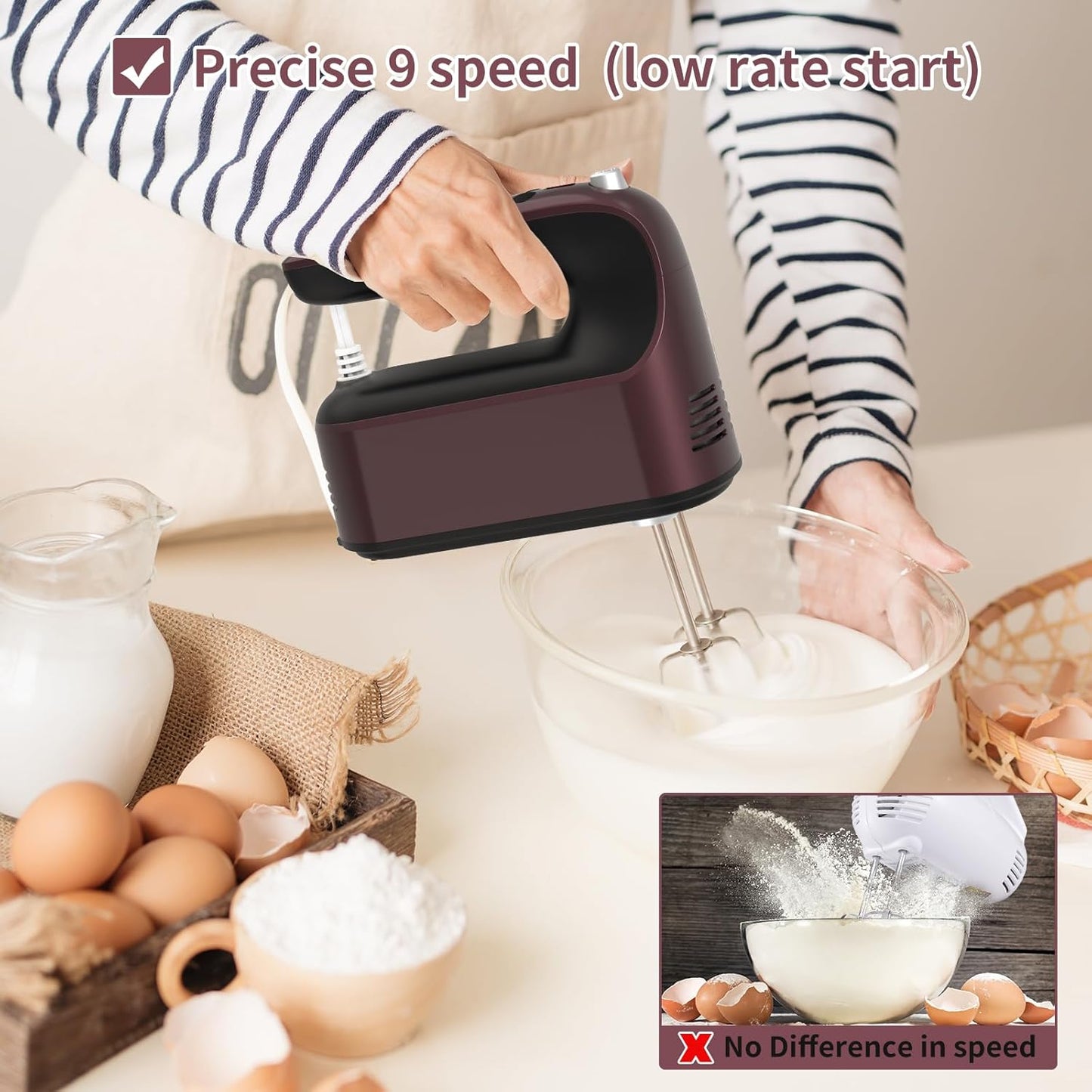 9-Speed Digital Hand Mixer Electric, 400W Powerful DC Motor, Baking Mixer Handheld with Snap-On Storage Case, 5 Stainless Steel Accessories, Flat Beaters, Dough Hooks, Whisk (Grape Purple)