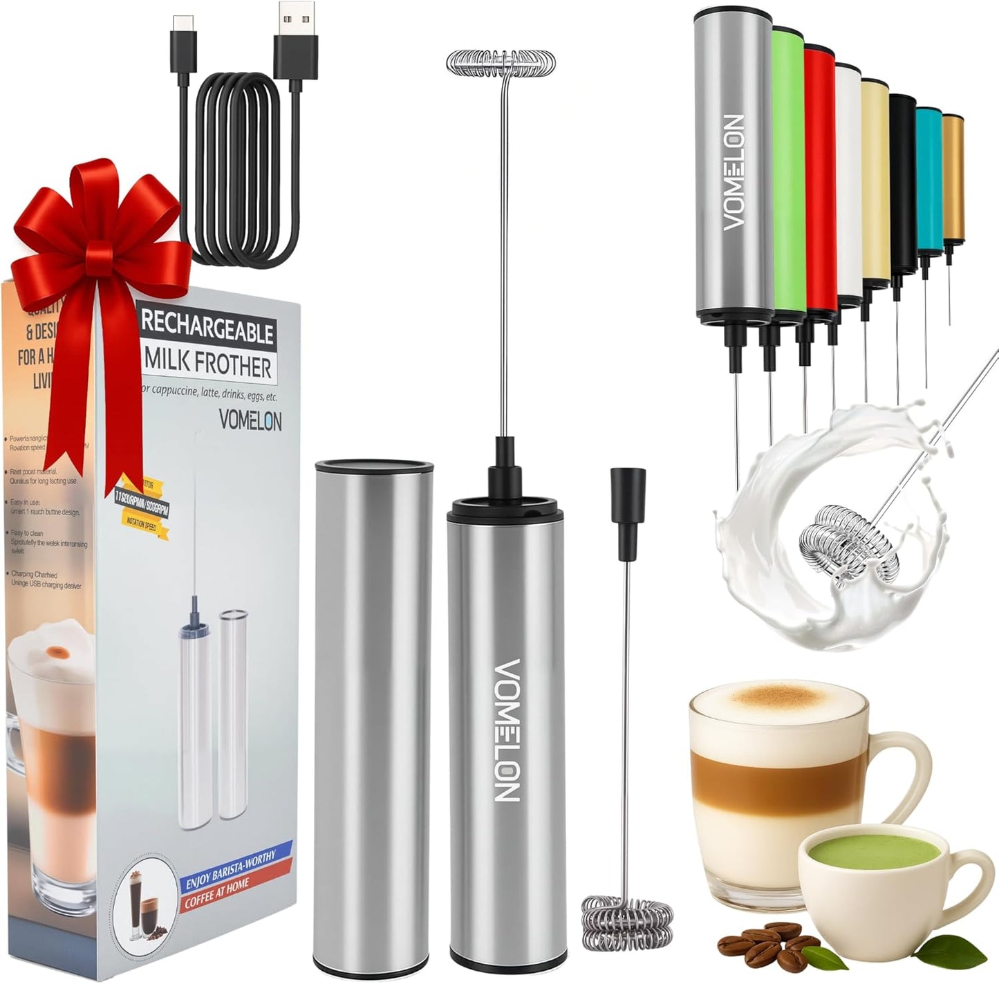 Rechargeable Milk Frother Battery Operated,2-Speed Portable Travel Frother,Electric Milk Foamer Coffee Frother for Latte, Cappuccino, Hot Chocolate Drink Mixer with Double Mini Whisks and USB Cable