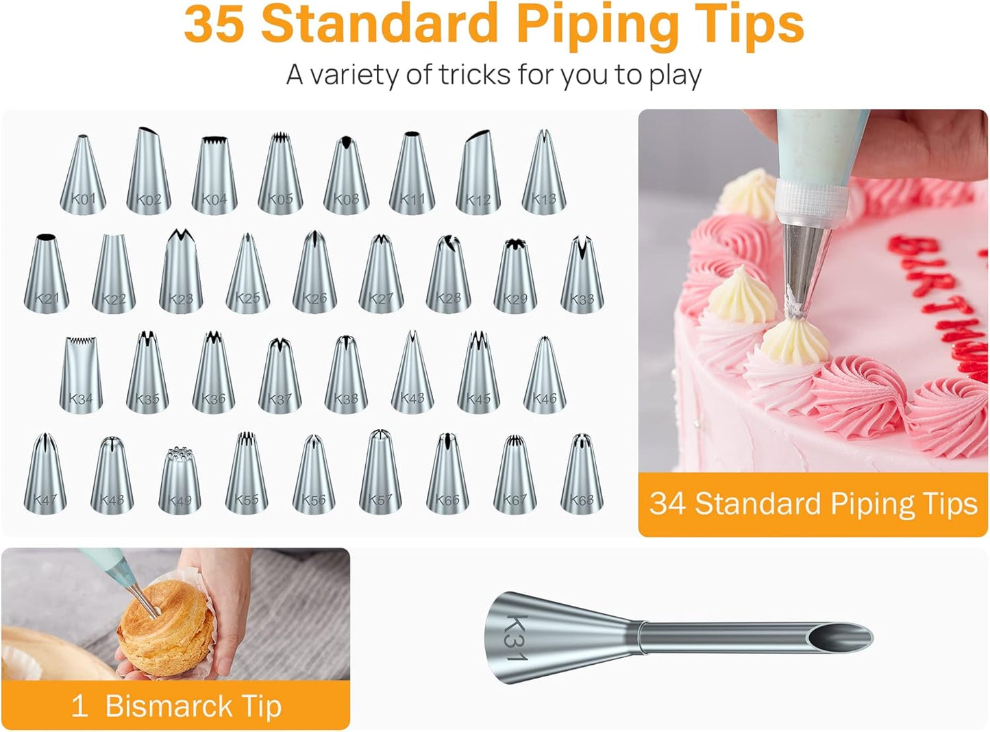 Kootek 54 in 1 Piping Bags and Tips Set with 13 Large Size Piping Tips, 35 Standard Size Icing Tips, 2 Reusable Pastry Bags 12 Inch, Cake Decorating Kit Supplies, Frosting Piping Kit for Cake, Cupcake