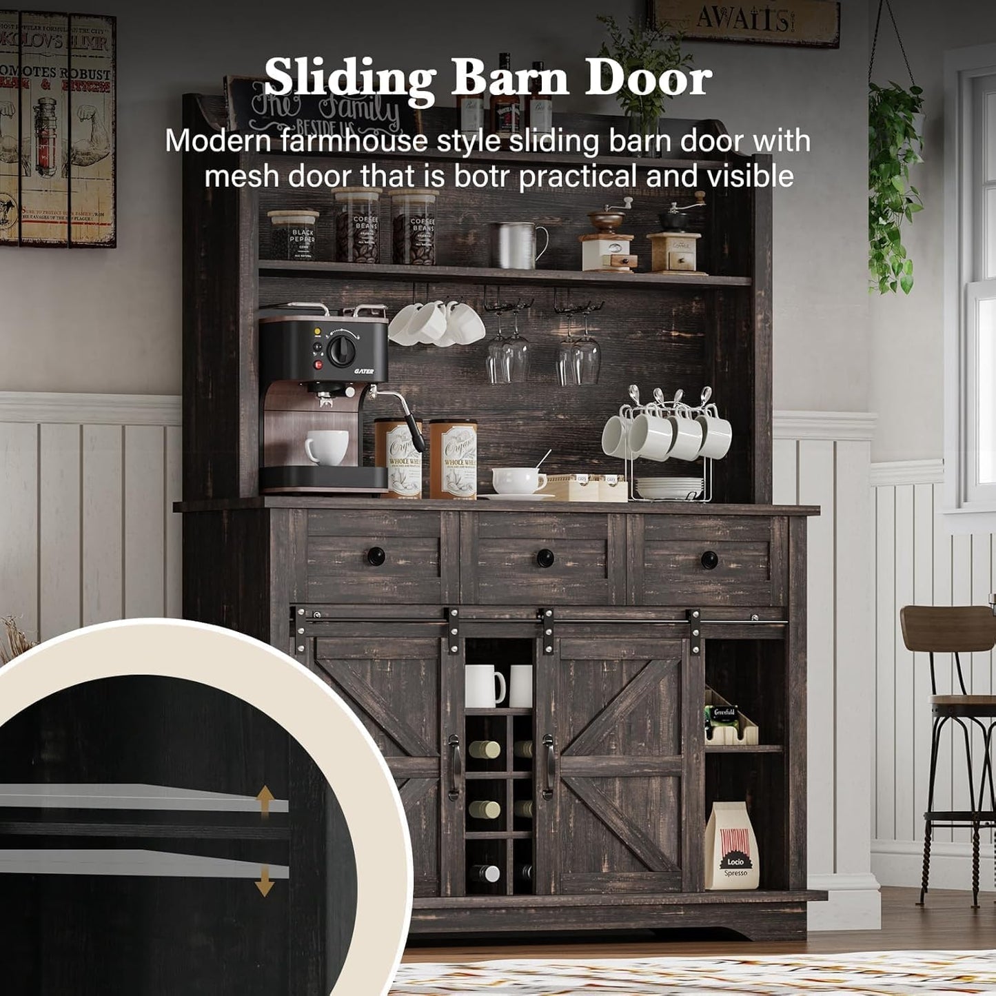 63 Inch Tall Coffee Bar Cabinet with 3-Tier Storage, Kitchen Hutch with 3 Drawers, Farmhouse Coffee Bar with 9 Racks & 3 Glass Holders, Wine Bar Cabinet for Living Dining Room, Oak