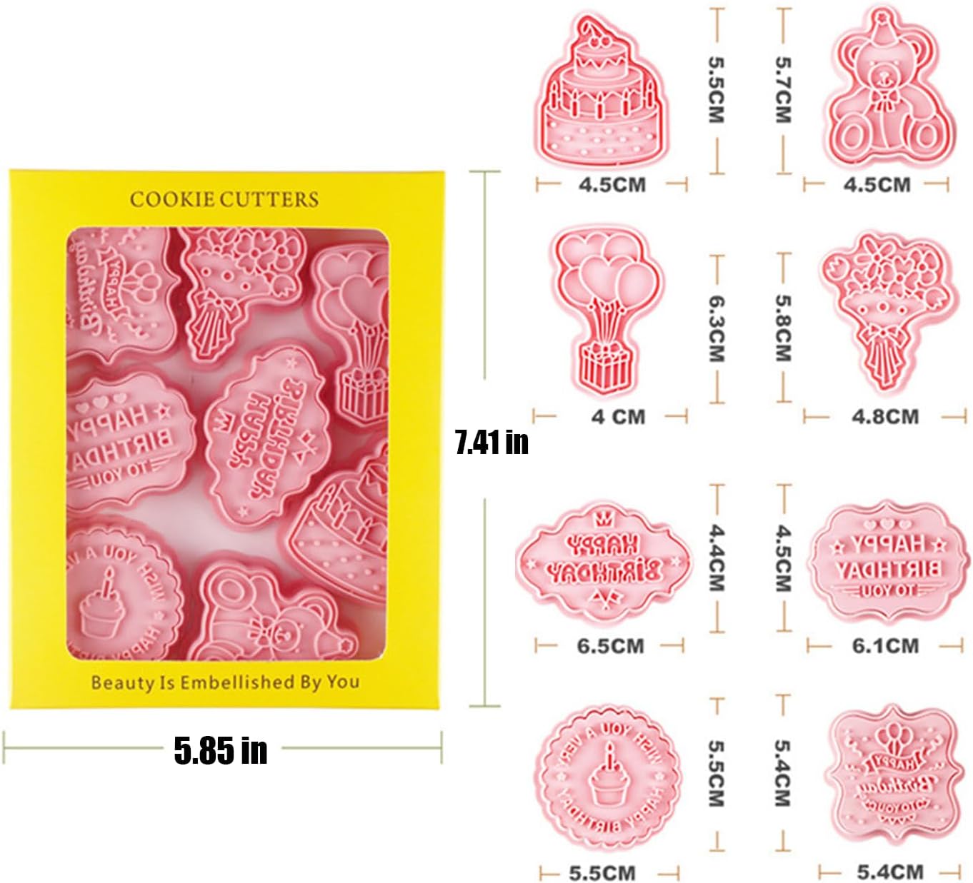 8PCS Happy Birthday Cookie Cutter Sets 3D Plastic Cookie Cutters with Plunger Stamps Pressable Biscuit Mold Cookie Molds Cake Baking Fondant Cutter Birthday Party DIY Cookie Decorating Supplies(C)