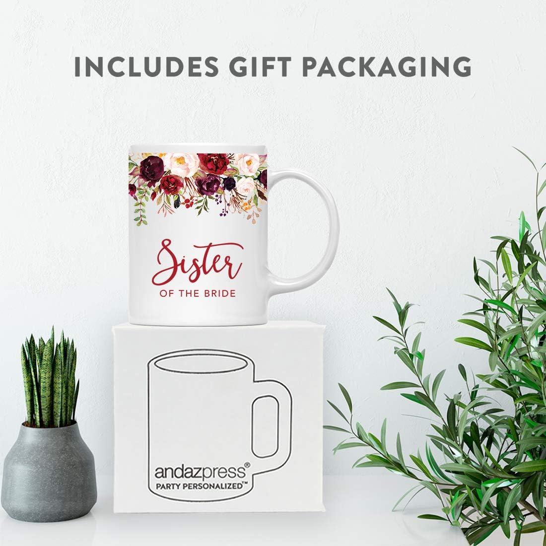 Andaz Press 11oz. Wedding Ceramic Coffee Tea Mug Gift, Fall Autumn Marsala Burgundy Flowers Roses Florals, Sister of the Bride, 1-Pack, Includes Gift Box
