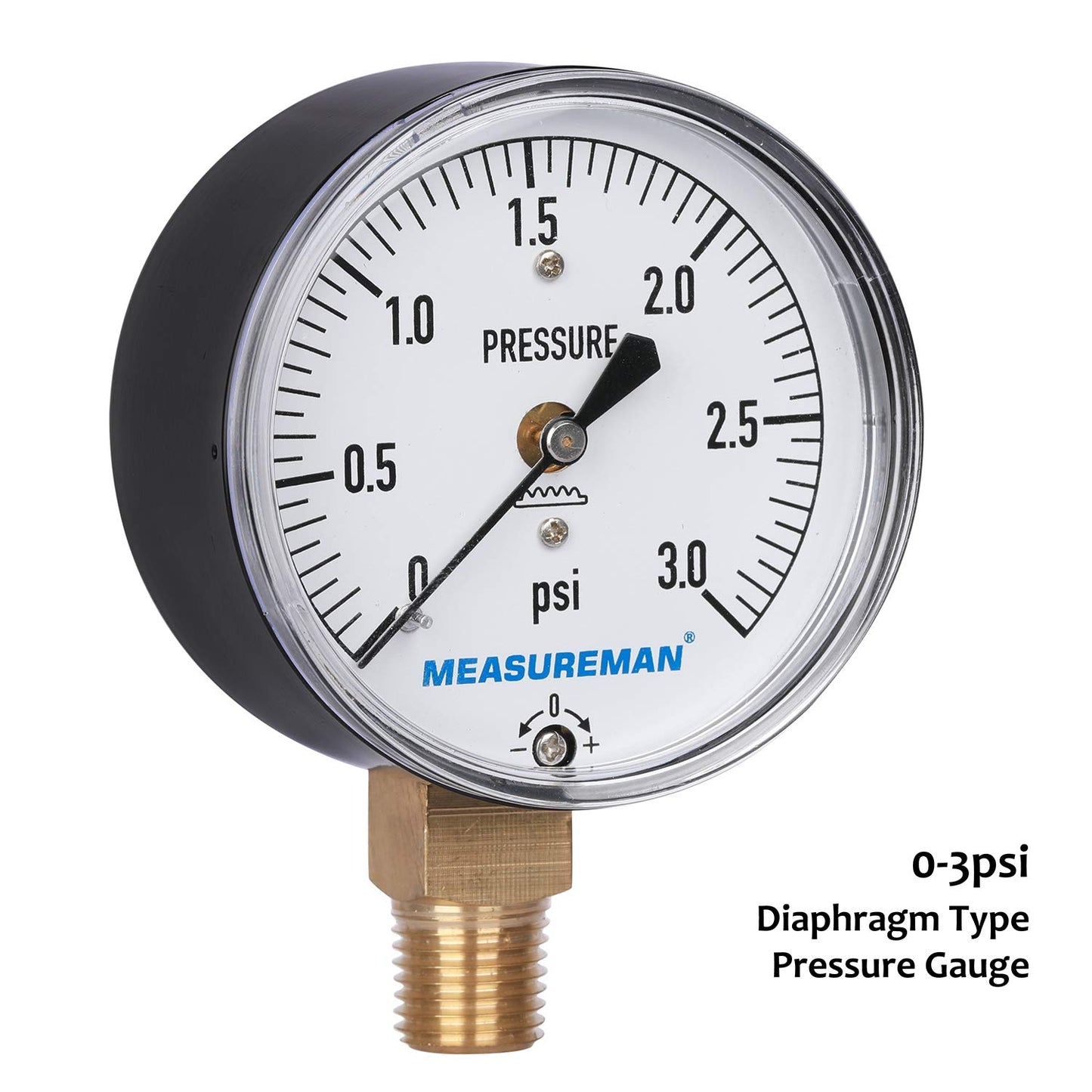 MEASUREMAN Diaphragm Type Capsule Low Pressure Gauge 3psi, 2-1/2" Dial, 1/4" NPT Lower Mount, Adjustable, 0-3Psi