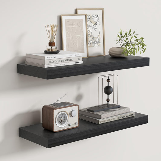 Fun Memories Rustic Floating Shelves for Home Decor, 8 Inch Deep Floating Shelf, Solid Wood Floating Wall Shelves 24 Inch Long, Deep Wall Shelves for Bathroom, Living Room, Black Finsh, Set of 2