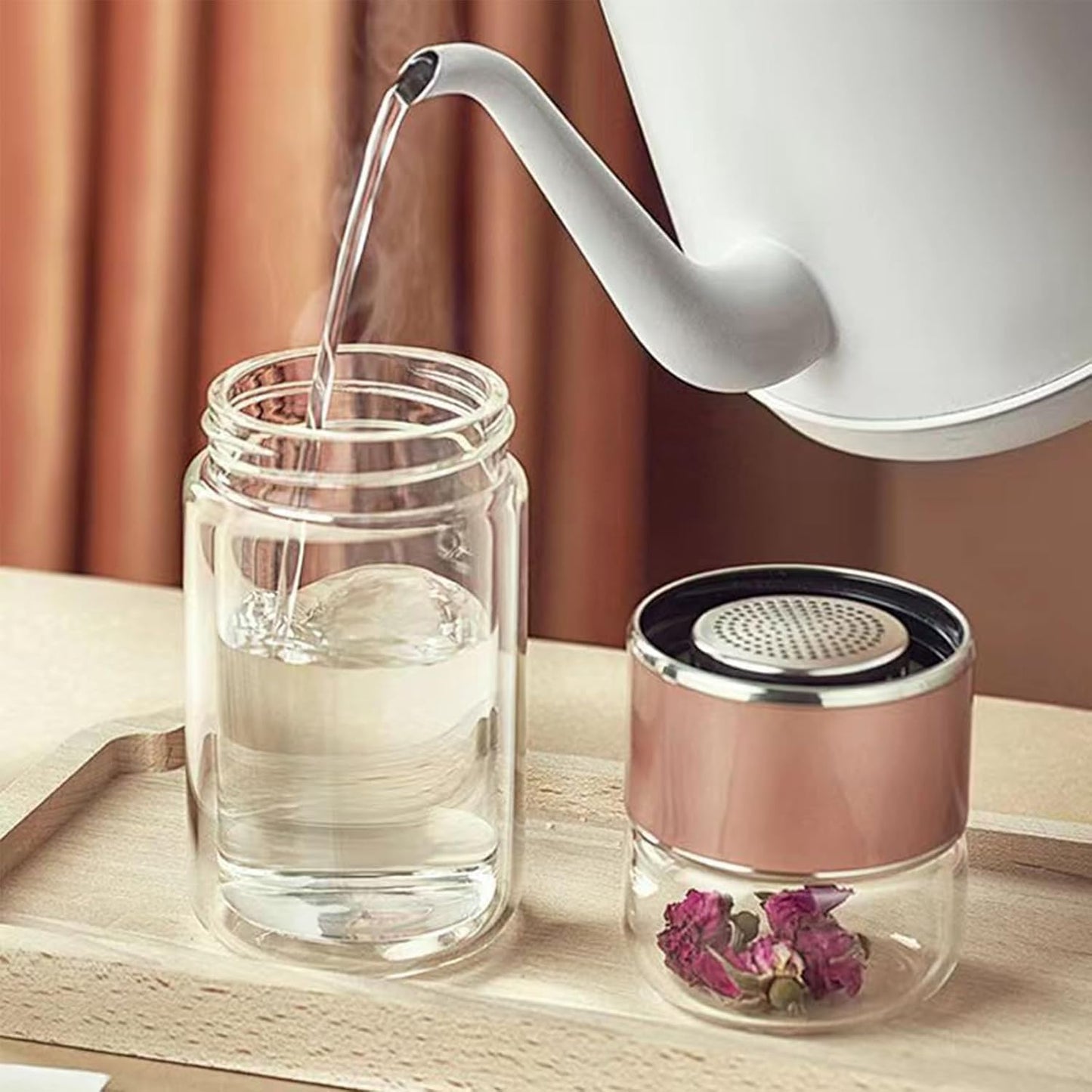 QUROXO 2025 New Tryteava Glass Infuser, Teava 3-In-1 Smart Tea Infuser with Cup Brush, Double-Layer Borosilicate Glass Tryteava Tea infusers Separation Cup (Pink, 420ml (14oz))