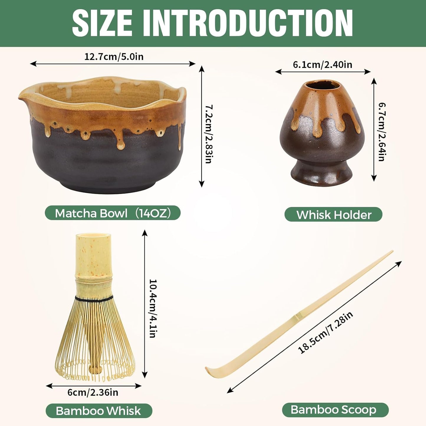 Pottery Matcha Set - Japanese Handcrafted Matcha Tea Bowl Mineral Glaze Bowl with Spout, Bamboo Whisk, Scoop & Chasen Holder | 4pc Tea Ceremony Kit for Matcha Lovers (Coffee Sand)