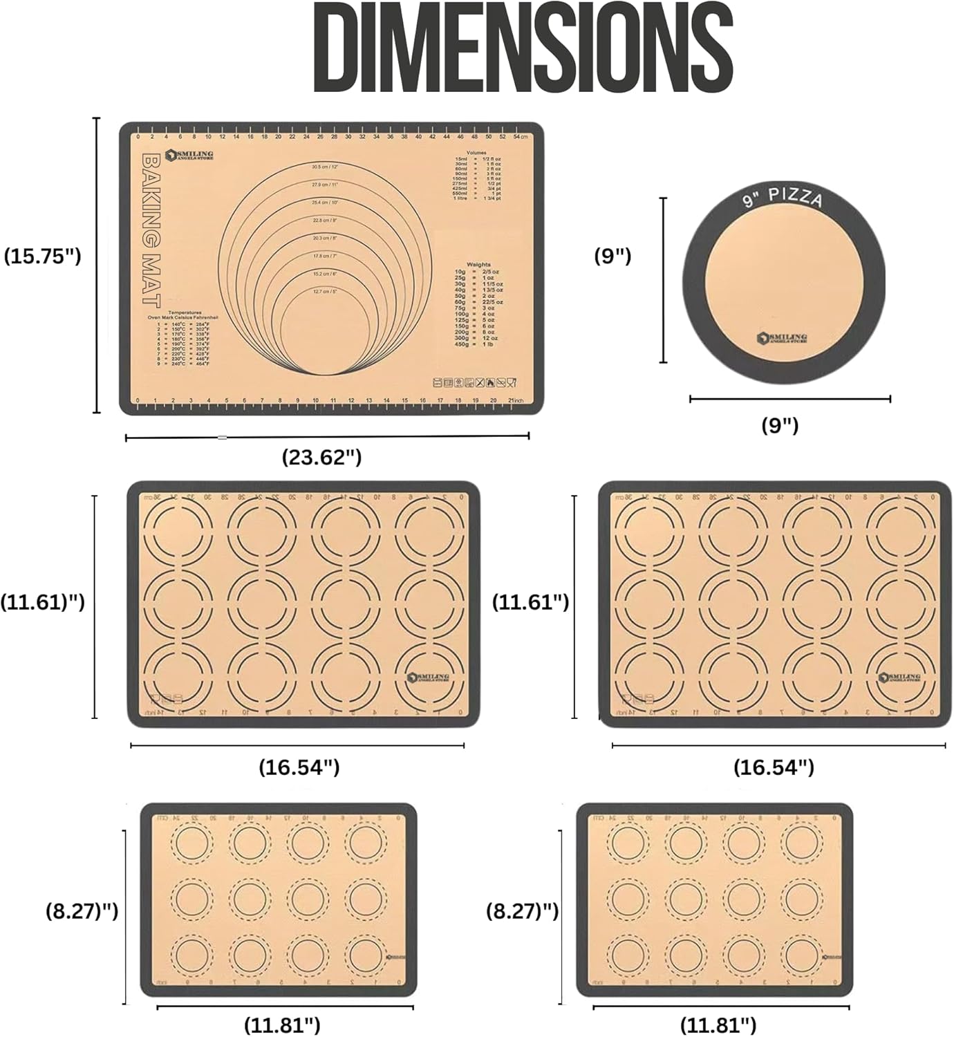 Generic Silicone Baking Mat Set of 6 - Non-Stick, Reusable, Heat Resistant, Gray Color - Perfect for Baking, Cooking, Rolling Dough, and Pastry - Easy to Clean, Durable Kitchen Mats, Multi Sizes