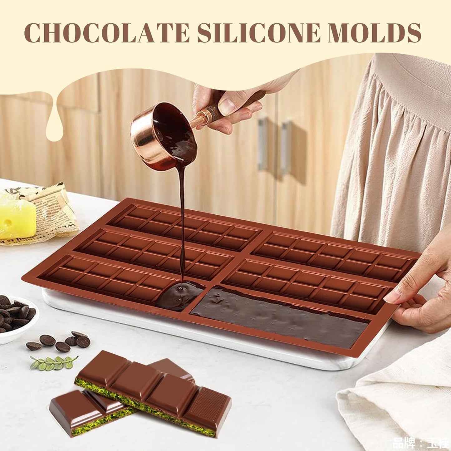 2 Pack Chocolate Bar Mold Deep for Stuffed Bar, Non-Stick Thick Chocolate Molds, Silicone Chocolate Candy Molds for Knafeh Pistachio Chocolate Bar, Candy, DIY Handmade Gifts (5 Snap+10 Snap)