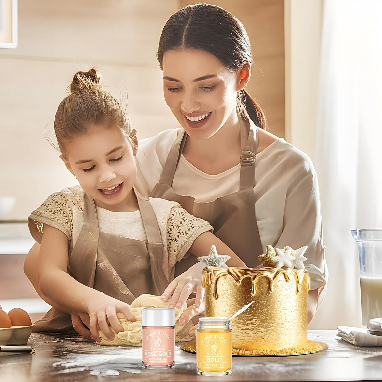 Cherrysea Edible Glitter for Drinks Cocktails Food Grade Edible Drink Shimmer Powder for DIY Champagne Beverages Wine 2 Colors Vegan Edible Luster Dust Set 4g/Bottle Gluten Free - Rosegold & Gold