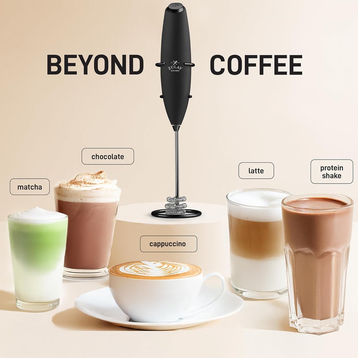 Zulay Kitchen Patented Tornado Triple Whisk Milk Frother with 4 Duracell Batteries – Handheld Foam Maker for Coffee, Lattes, Matcha & Hot Chocolate – Rich, Creamy Froth in Seconds