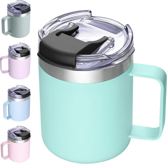 ALOUFEA 12oz Insulated Coffee Mug Cup with Handle, Stainless Steel Travel Coffee Mug with Flip Lid, Double Wall Vacuum Coffee Tumbler,Seafoam