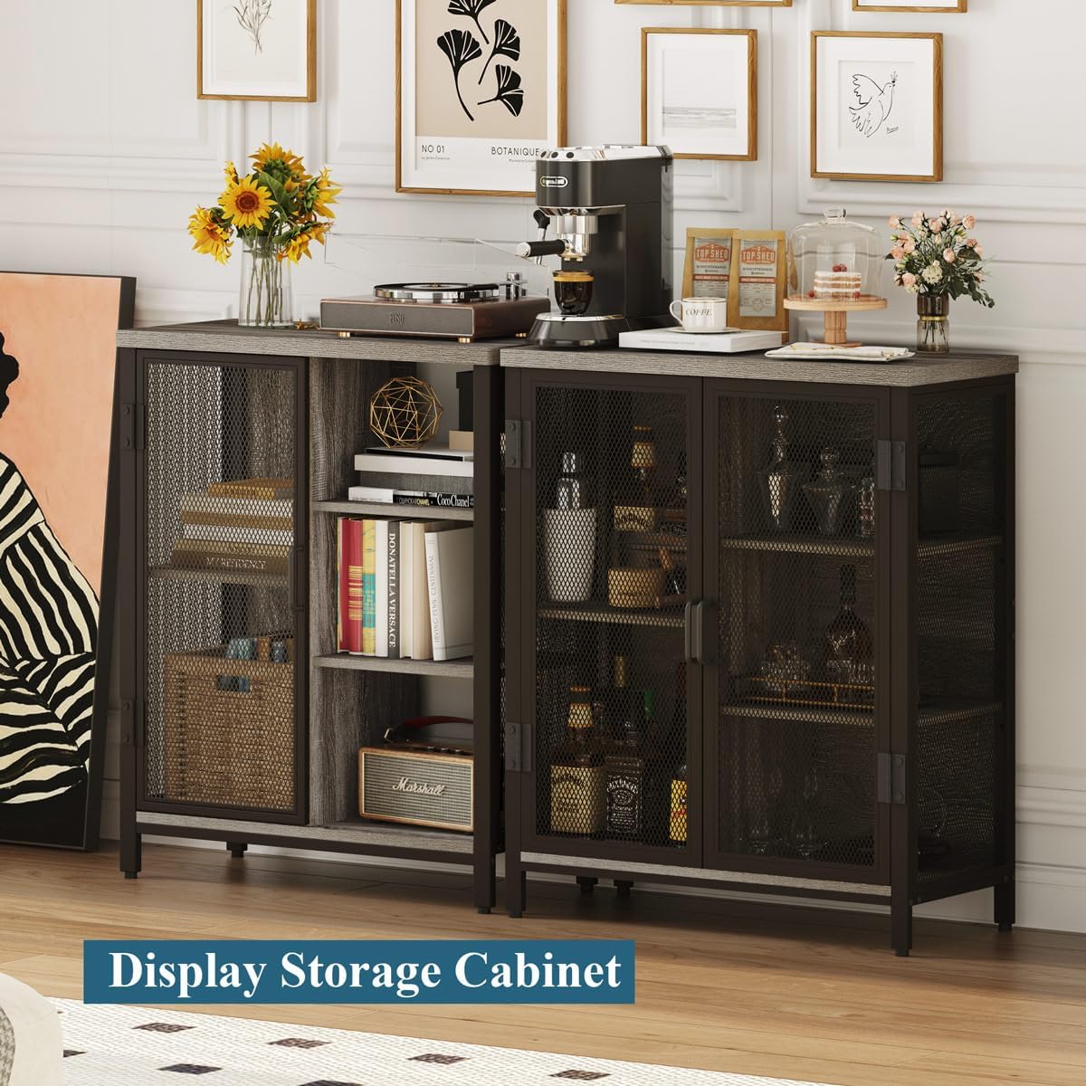 BON AUGURE Liquor Cabinet Bar for Home, Farmhouse Coffee Storage Cabinet for Kitchen, Small Wood Sideboard Buffet Station Cabinets with Door (Dark Grey Oak, 36")