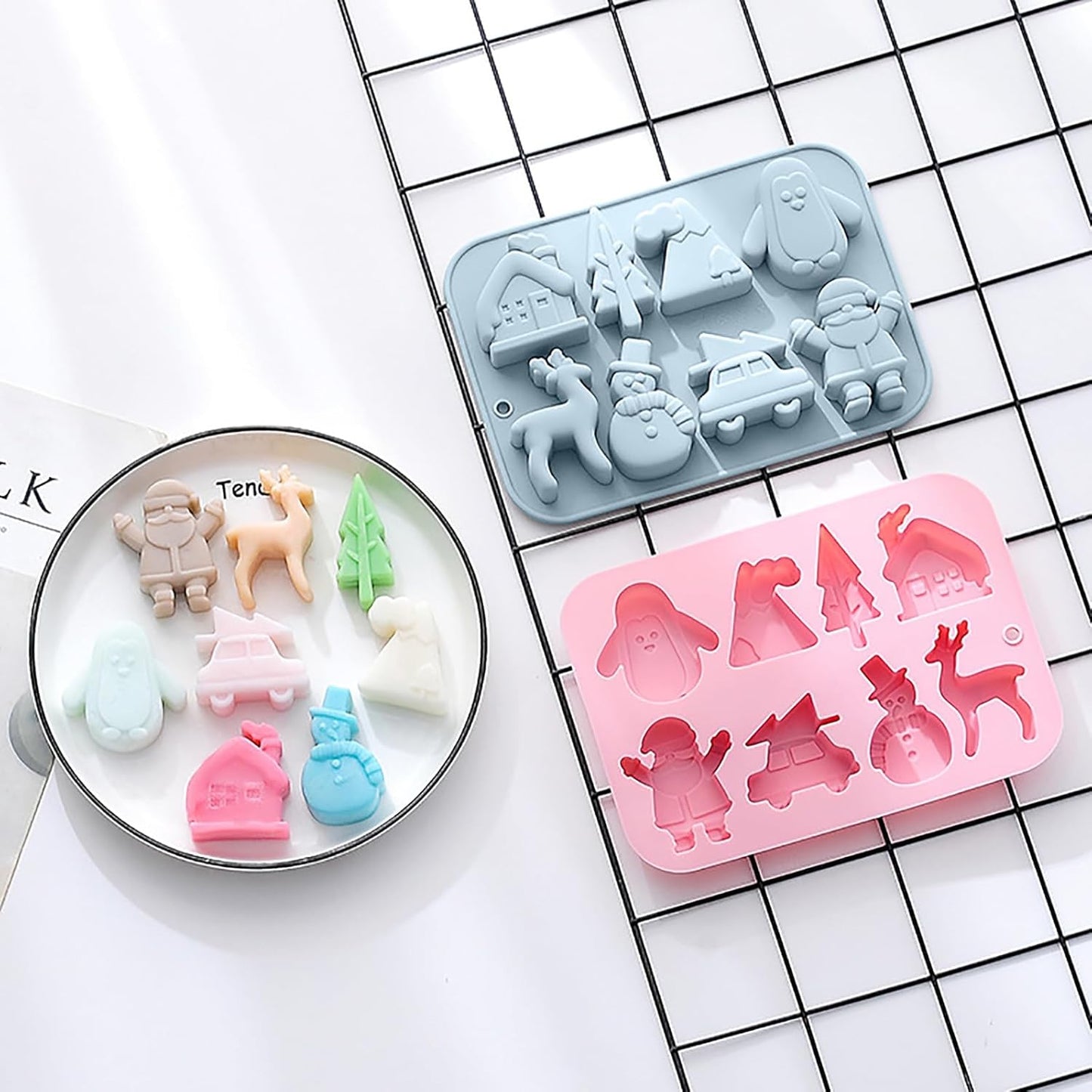 2 Pack Christmas Silicone Chocolate Molds, 3D Snowman Elk Xmas Tree Penguin Santa Claus Snowmobile Christmas Hat House Shape Candy Baking Molds for DIY Handmade Soap Mini Cakes Jello Fondant
